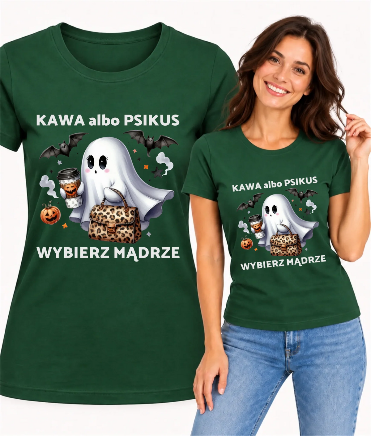 Koszulka damska halloweenowa - Duch - Kawa albo psikus HL07
