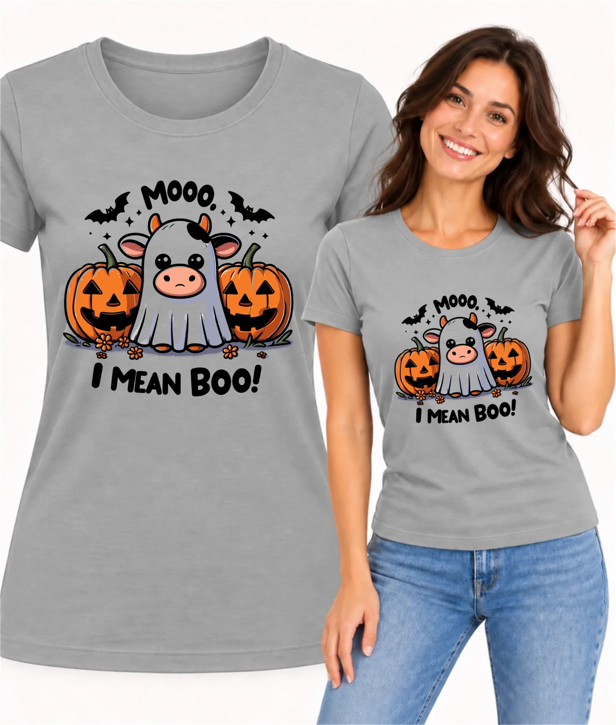 Koszulka damska na Halloween - Mooo I mean Boo! - z dynią i duchem HL14