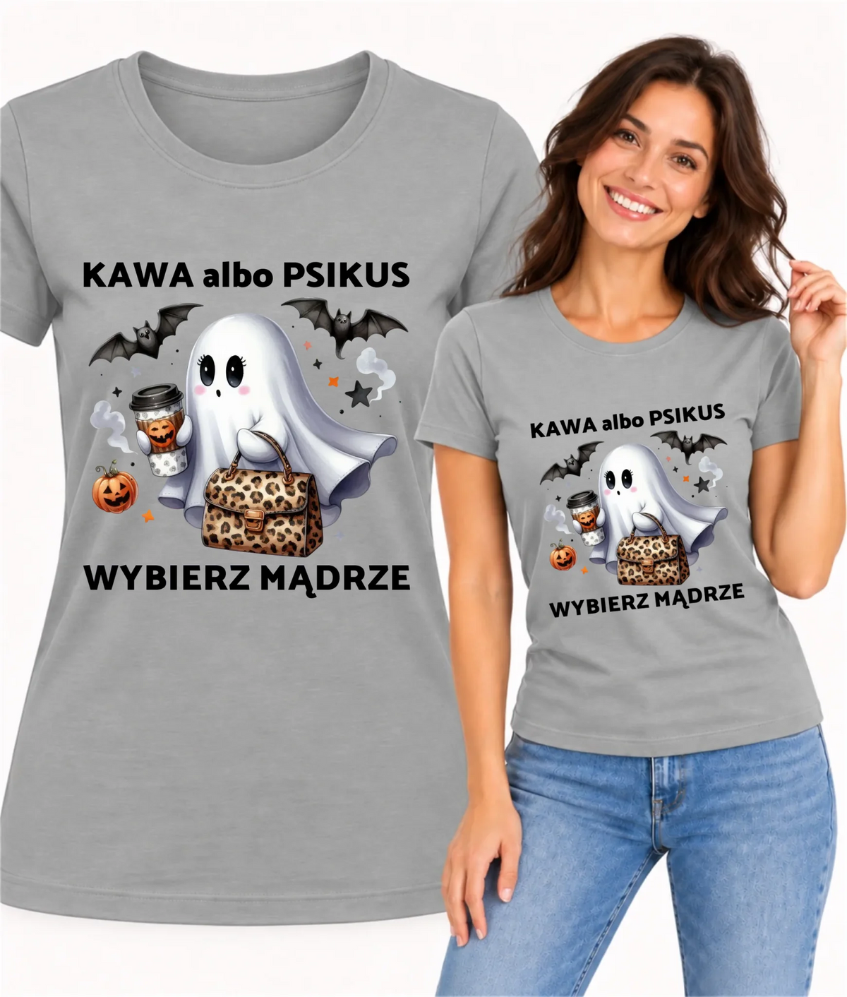 Koszulka damska halloweenowa - Duch - Kawa albo psikus HL07