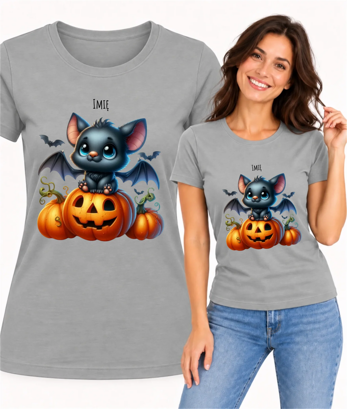 Koszulka damska halloweenowa - Słodki nietoperz z dynią - personalizowana HL09
