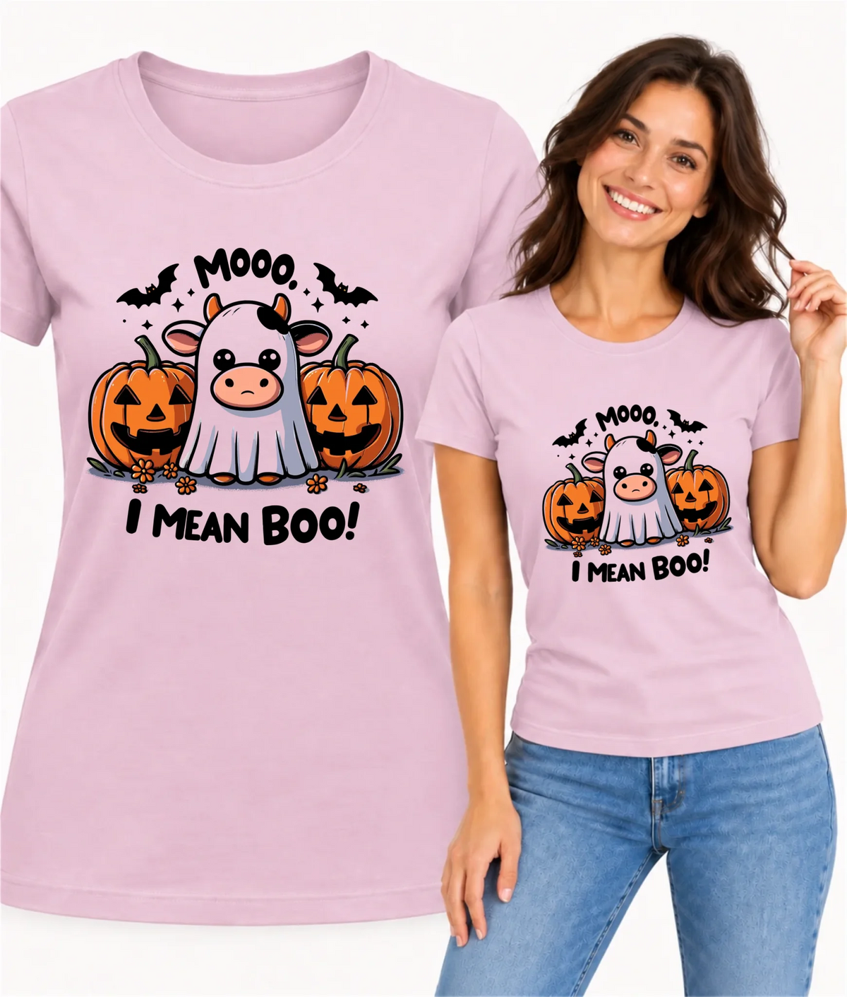Koszulka damska na Halloween - Mooo I mean Boo! - z dynią i duchem HL14