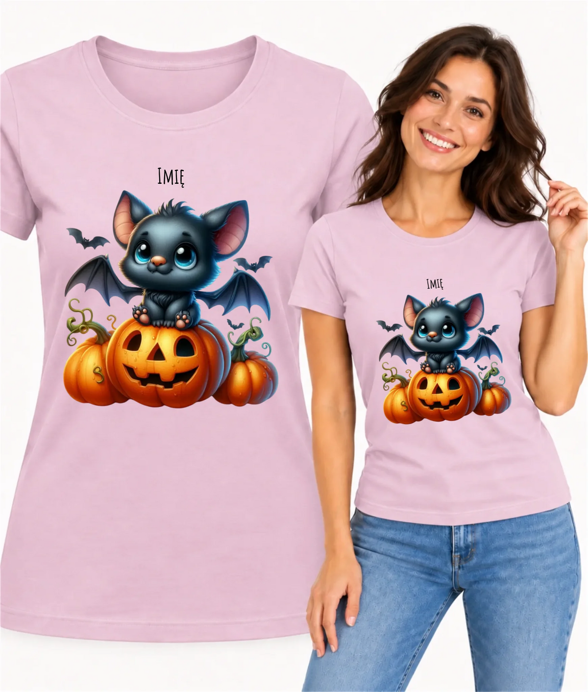 Koszulka damska halloweenowa - Słodki nietoperz z dynią - personalizowana HL09