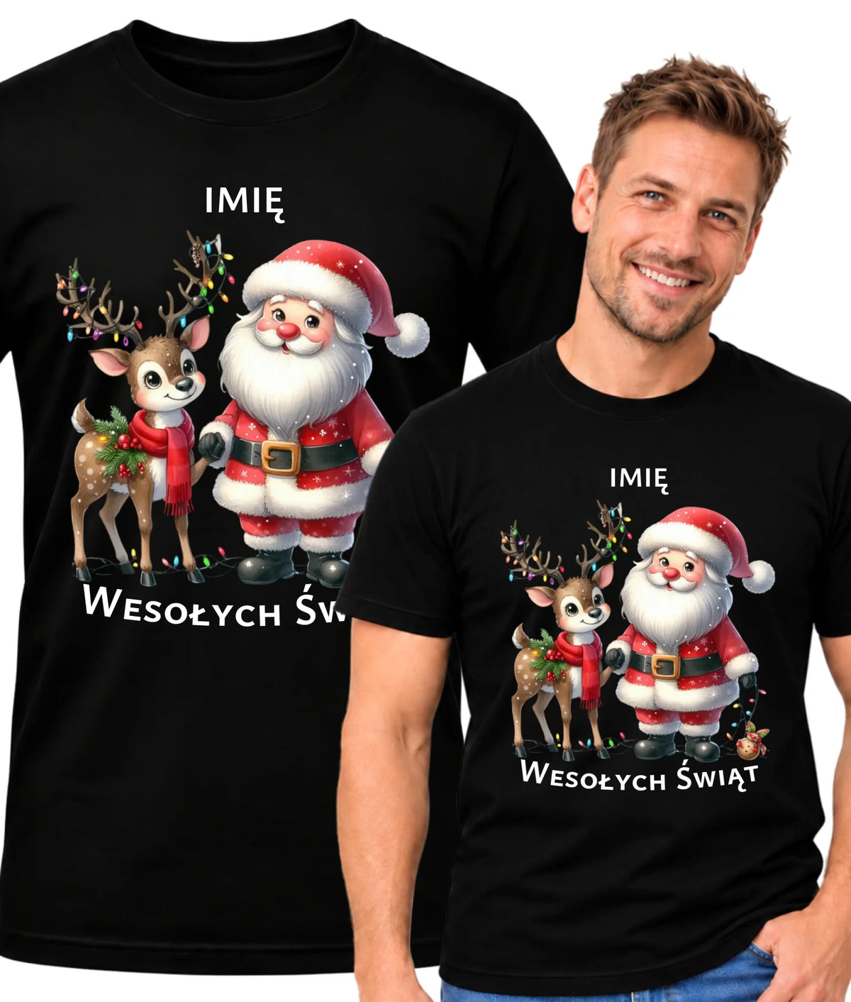 Koszulka męska świąteczna - Mikołaj z reniferem - personalizowana BN09