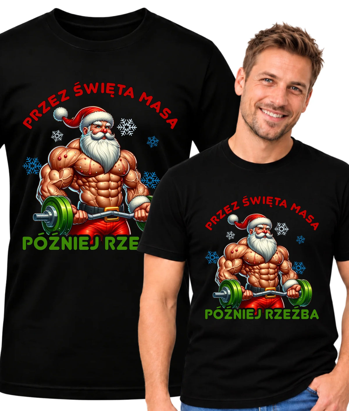 Koszulka męska świąteczna - Mikołaj na siłowni - Przez święta masa, później rzeźba BN139
