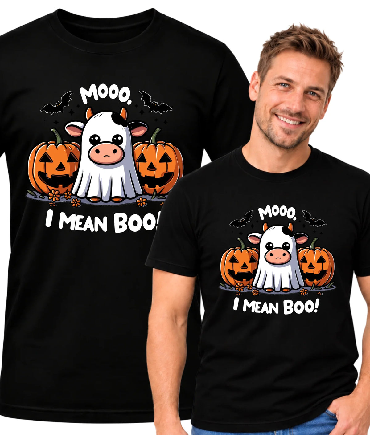 Koszulka męska na Halloween - Mooo I mean Boo! - z dynią i duchem HL14