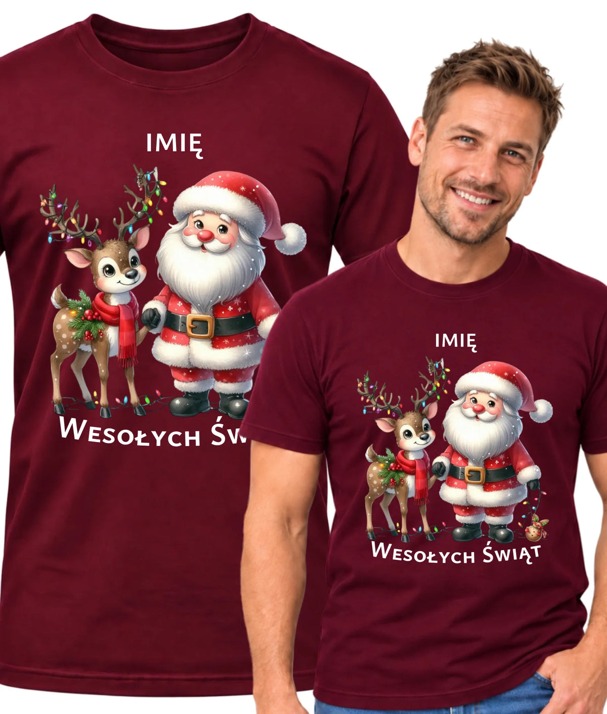Koszulka męska świąteczna - Mikołaj z reniferem - personalizowana BN09