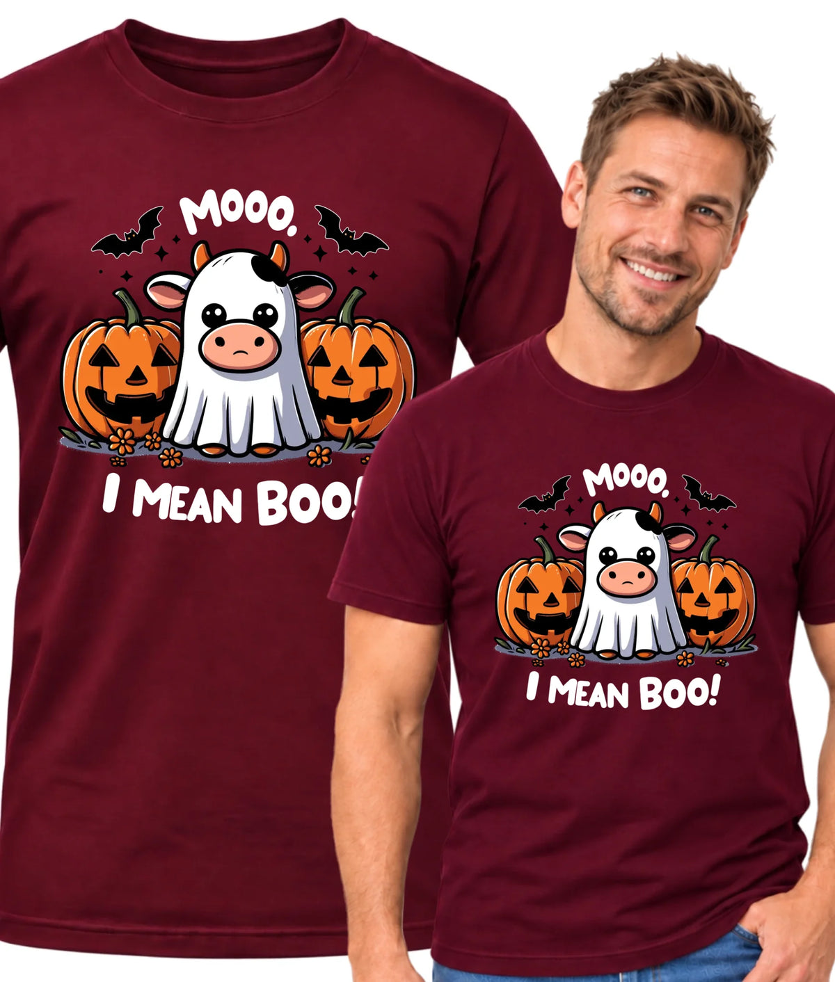 Koszulka męska na Halloween - Mooo I mean Boo! - z dynią i duchem HL14