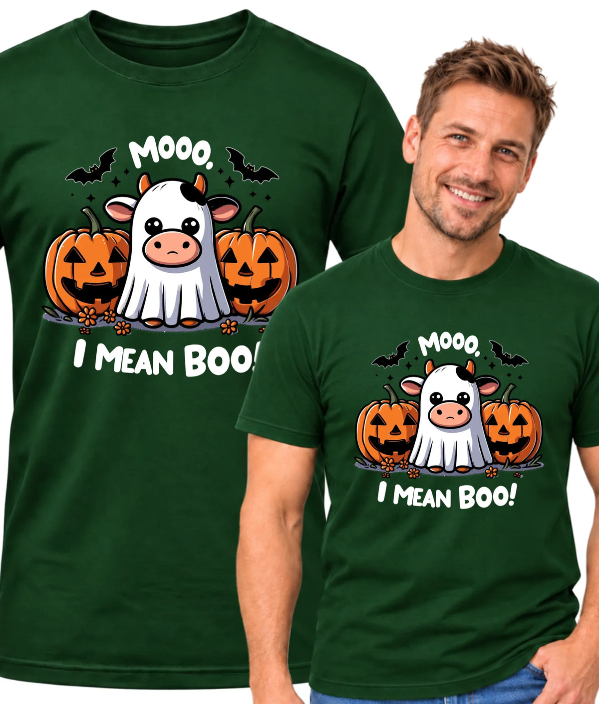 Koszulka męska na Halloween - Mooo I mean Boo! - z dynią i duchem HL14