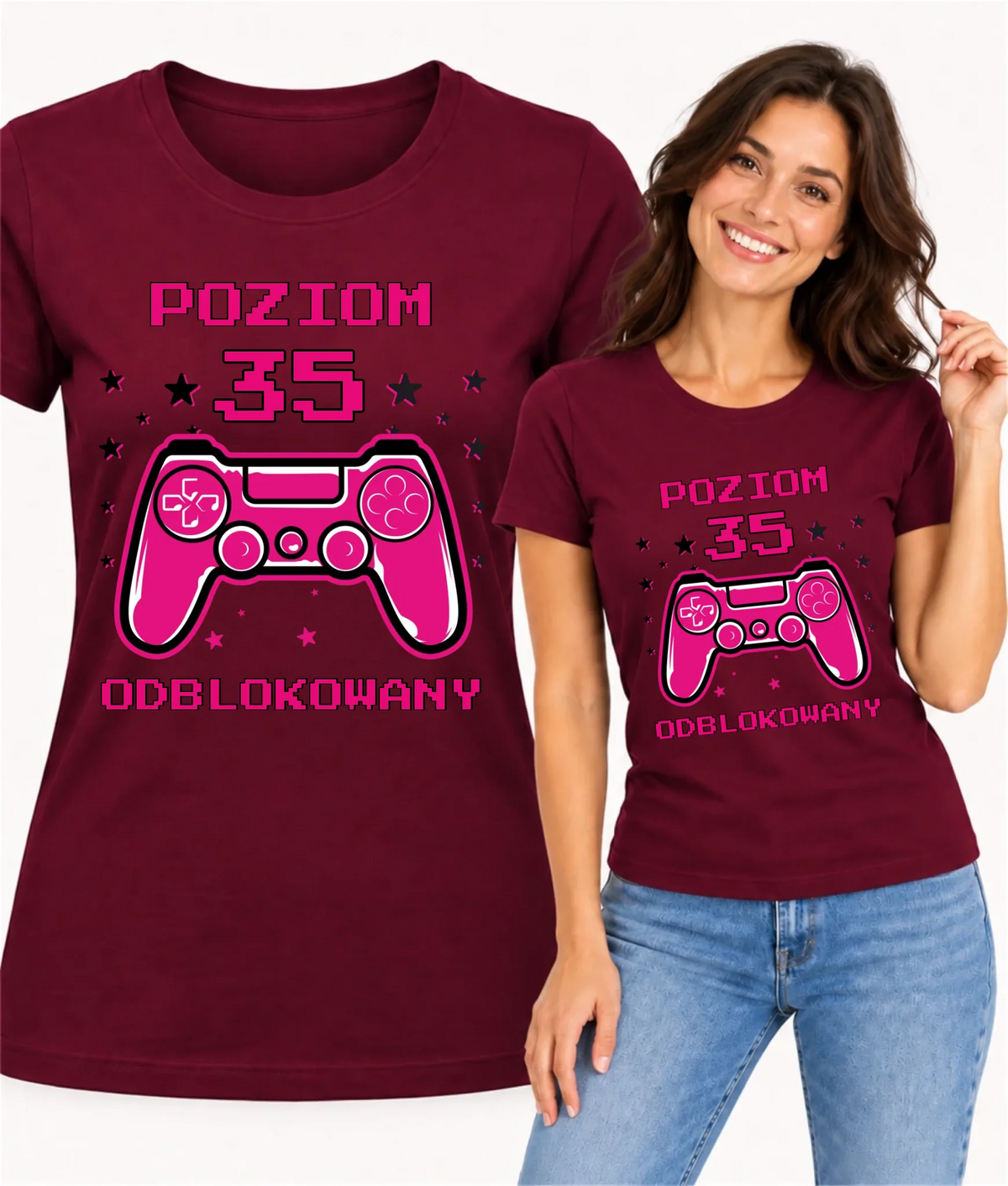 Koszulka damska urodzinowa dla gamerki z padem wpisz wiek Poziom odblokowany U23