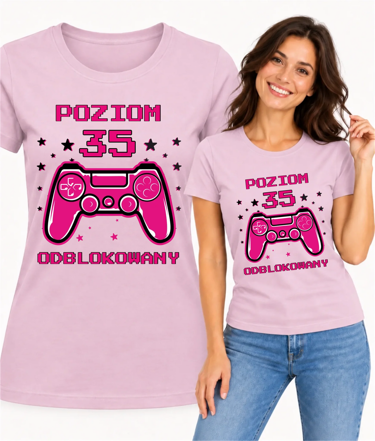 Koszulka damska urodzinowa dla gamerki z padem wpisz wiek Poziom odblokowany U23