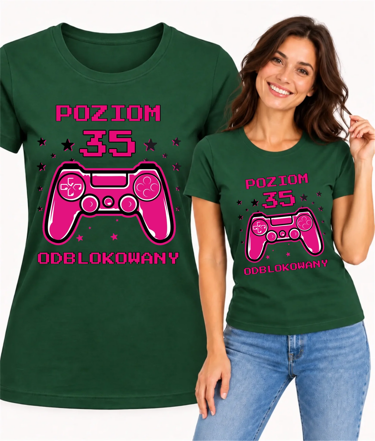 Koszulka damska urodzinowa dla gamerki z padem wpisz wiek Poziom odblokowany U23