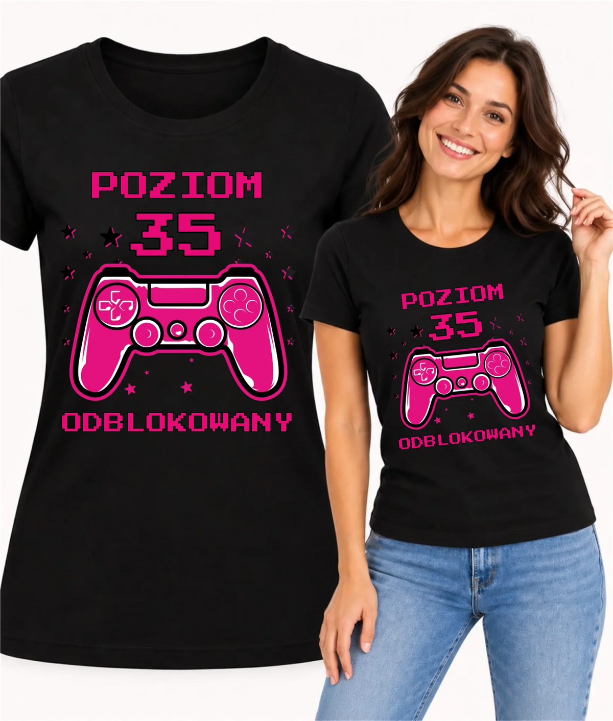 Koszulka damska urodzinowa dla gamerki z padem wpisz wiek Poziom odblokowany U23