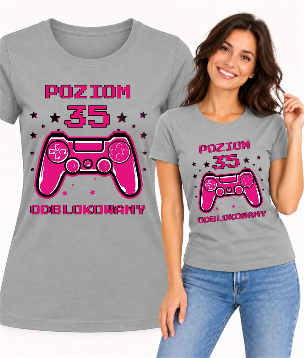 Koszulka damska urodzinowa dla gamerki z padem wpisz wiek Poziom odblokowany U23