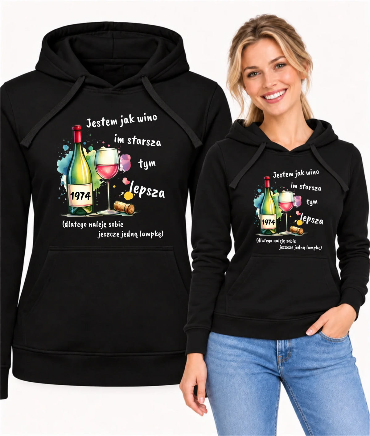 Bluza damska z kapturem na urodziny z personalizowanym rokiem urodzenia i napisem Jestem jak wino U13