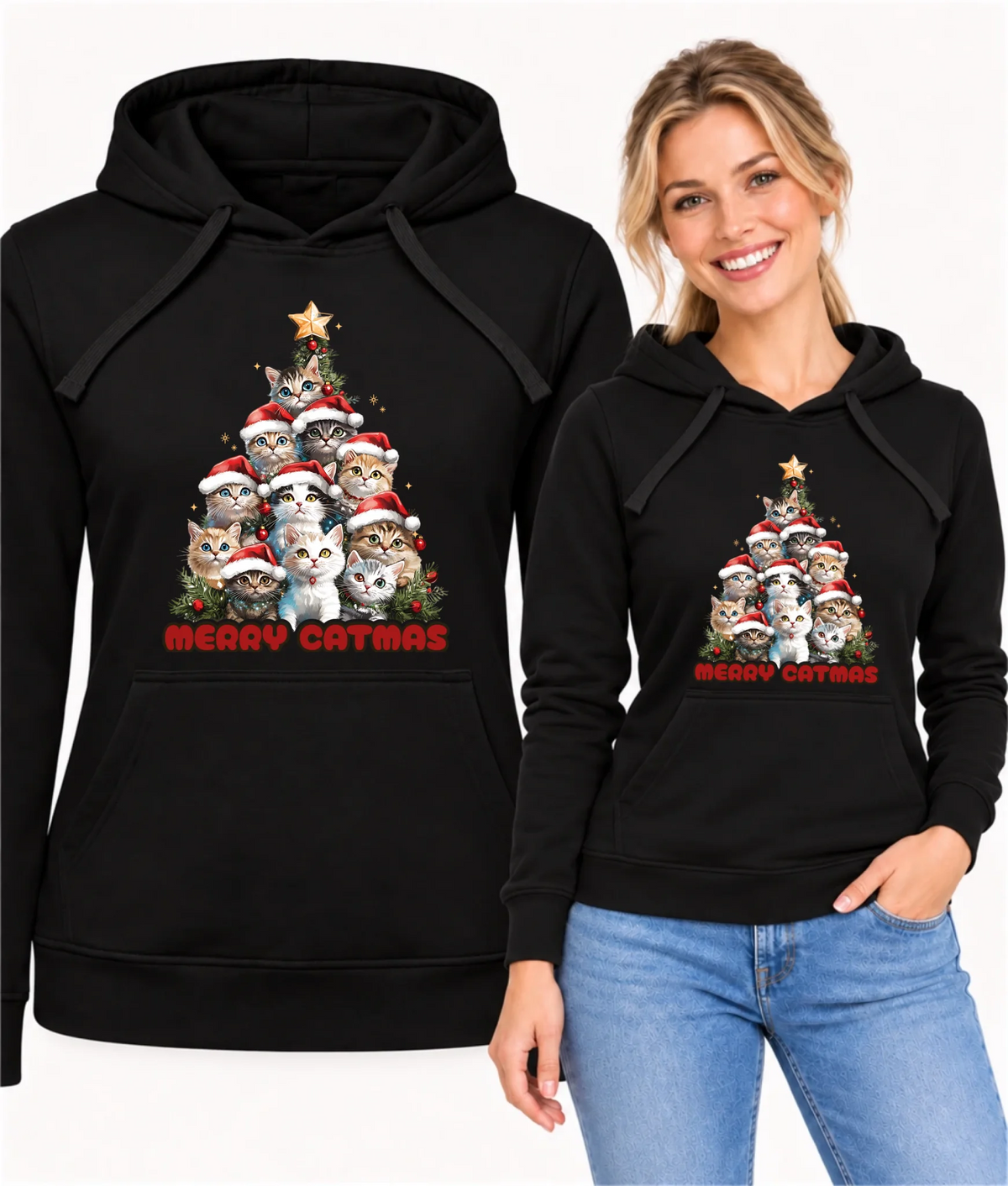 Bluza damska z kapturem świąteczna - Kocia choinka Merry Catmas BN20
