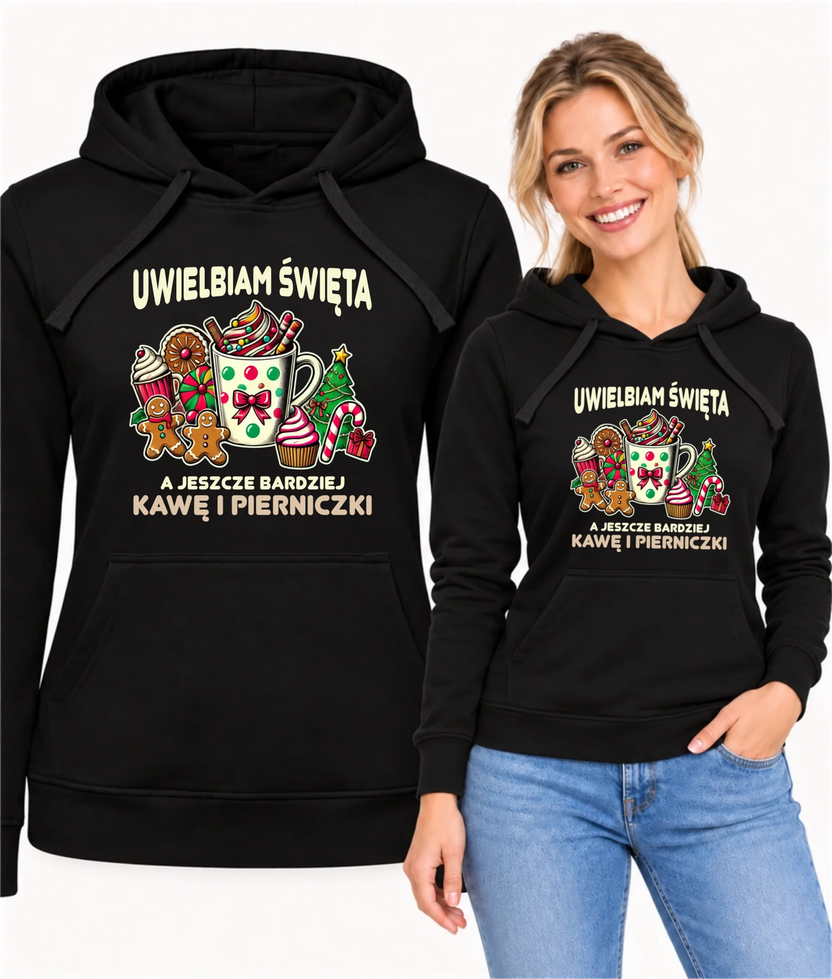 Bluza damska z kapturem świąteczna - Uwielbiam święta kawę i pierniczki BN47