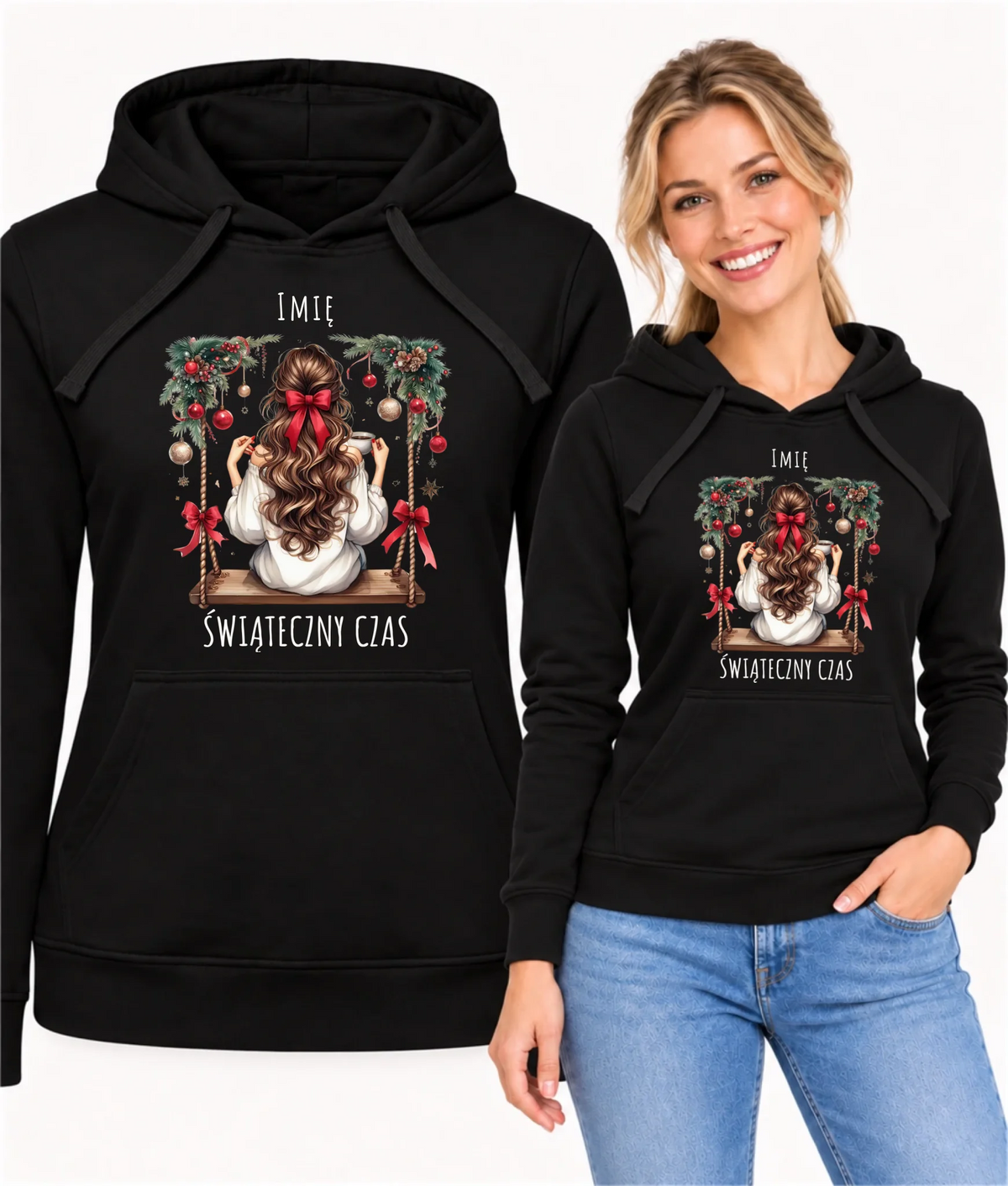 Bluza damska z kapturem świąteczna - Dziewczyna na huśtawce - Świąteczny czas - personalizowana BN105
