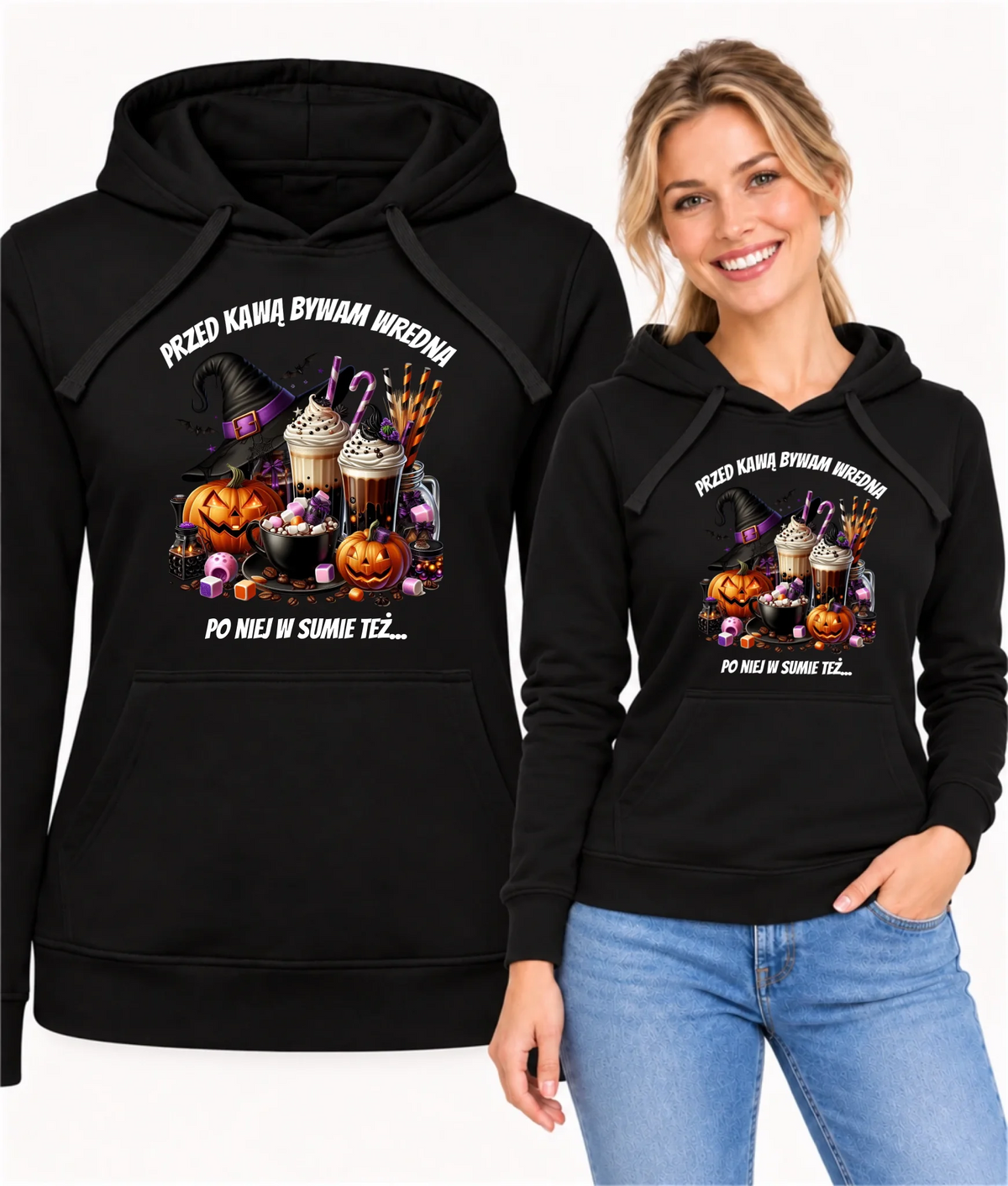 Bluza damska z kapturem Halloween – Przed kawą bywam wredna, po niej w sumie też HL30