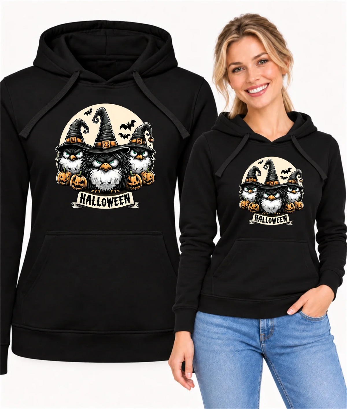 Bluza damska z kapturem na Halloween - Upiorne sowy wiedźmy HL15