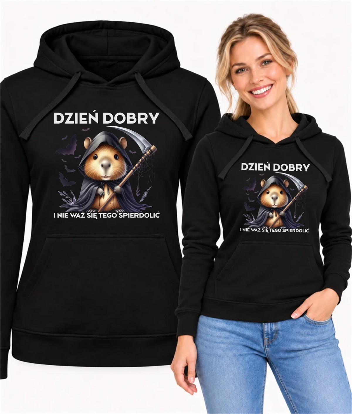 Bluza damska z kapturem na halloween - Kapibara Żniwiarz - Dzień dobry - bez cenzury HL20