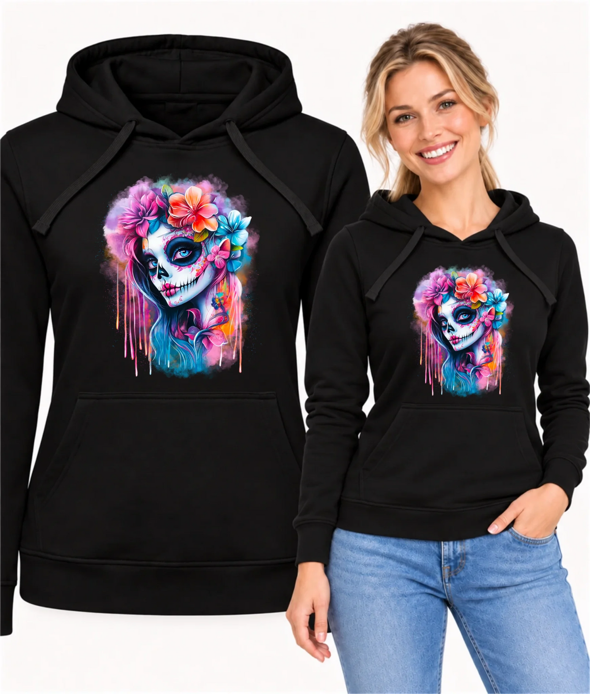 Bluza damska z kapturem Halloween - kolorowa czaszka z kwiatami La Muerte HL05