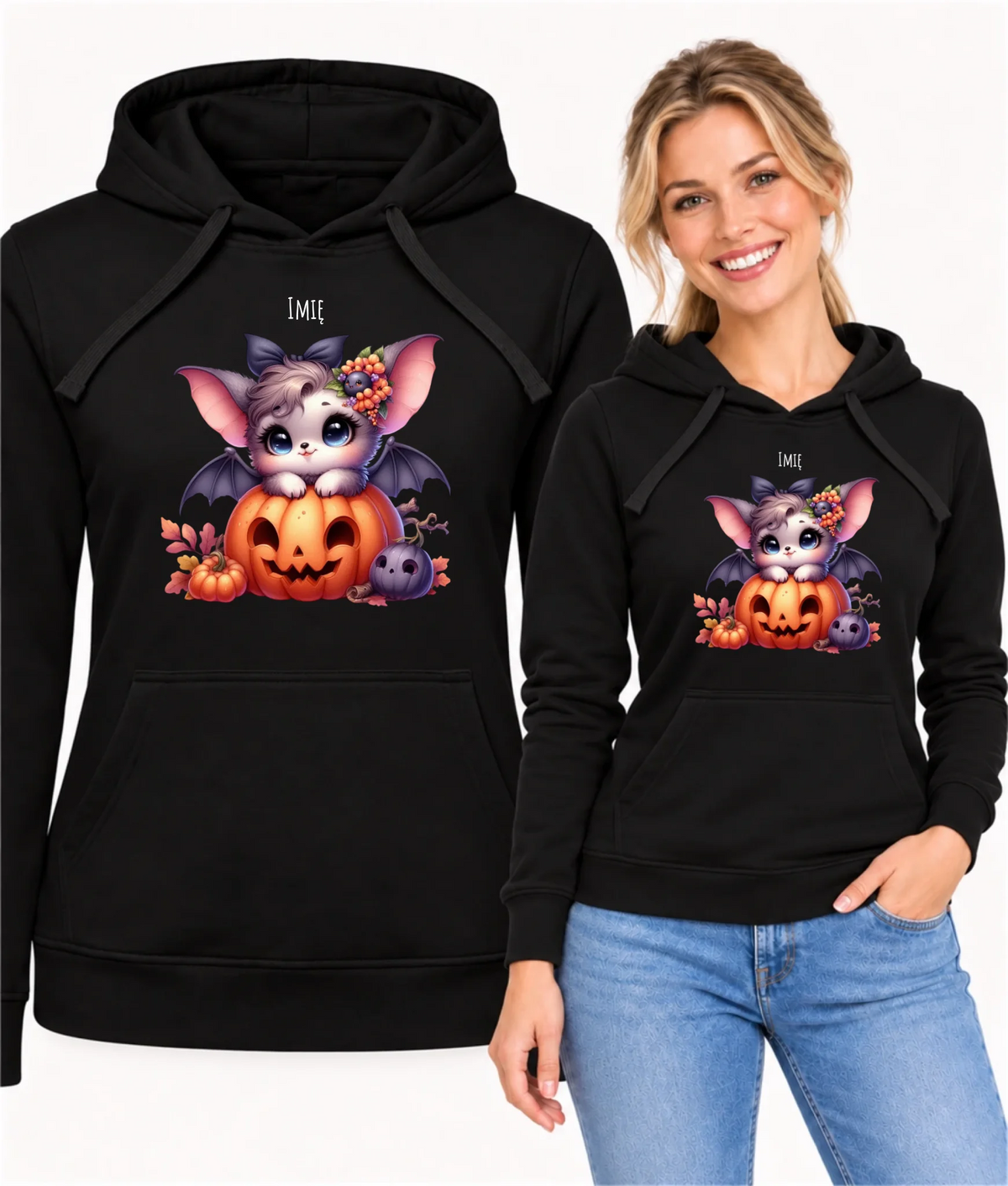 Bluza damska z kapturem halloweenowa - Uroczy nietoperz z dynią - personalizowana HL08