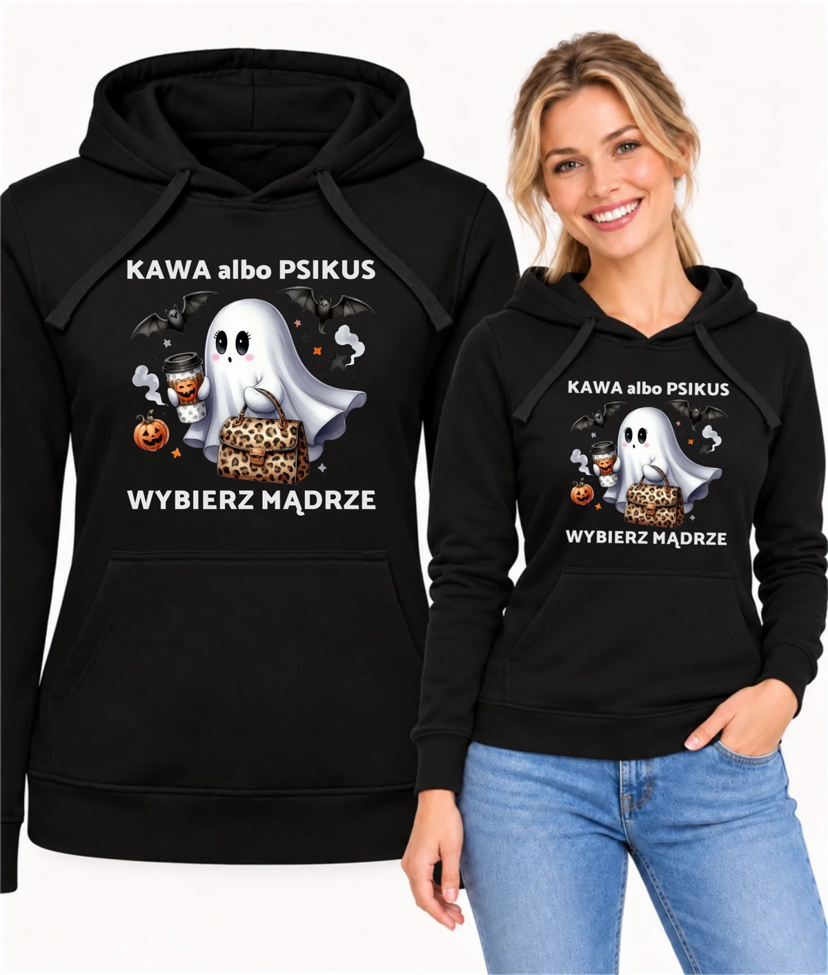 Bluza damska z kapturem halloweenowa - Duch - Kawa albo psikus HL07
