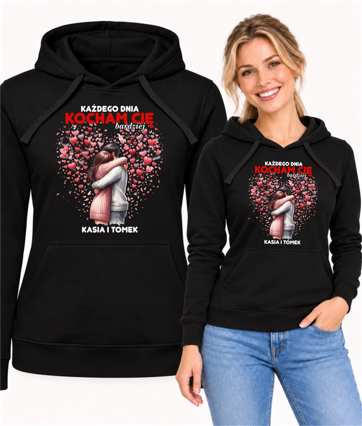 Bluza damska z kapturem dla par - Każdego dnia kocham Cię bardziej - personalizowana W09