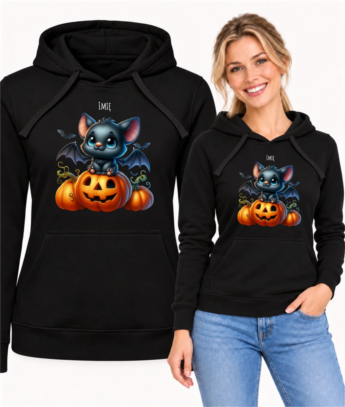 Bluza damska z kapturem halloweenowa - Słodki nietoperz z dynią - personalizowana HL09