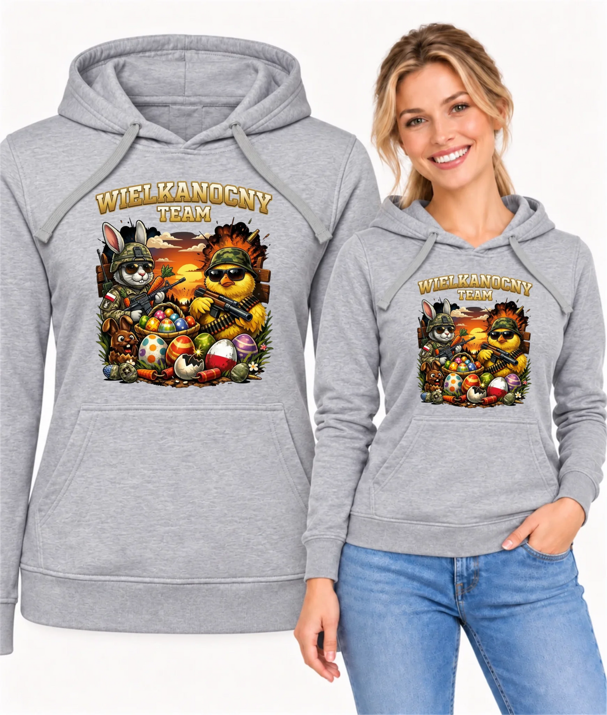 Bluza damska z kapturem na Wielkanoc - Kurczak i zając armia Wielkanocny Team WN37