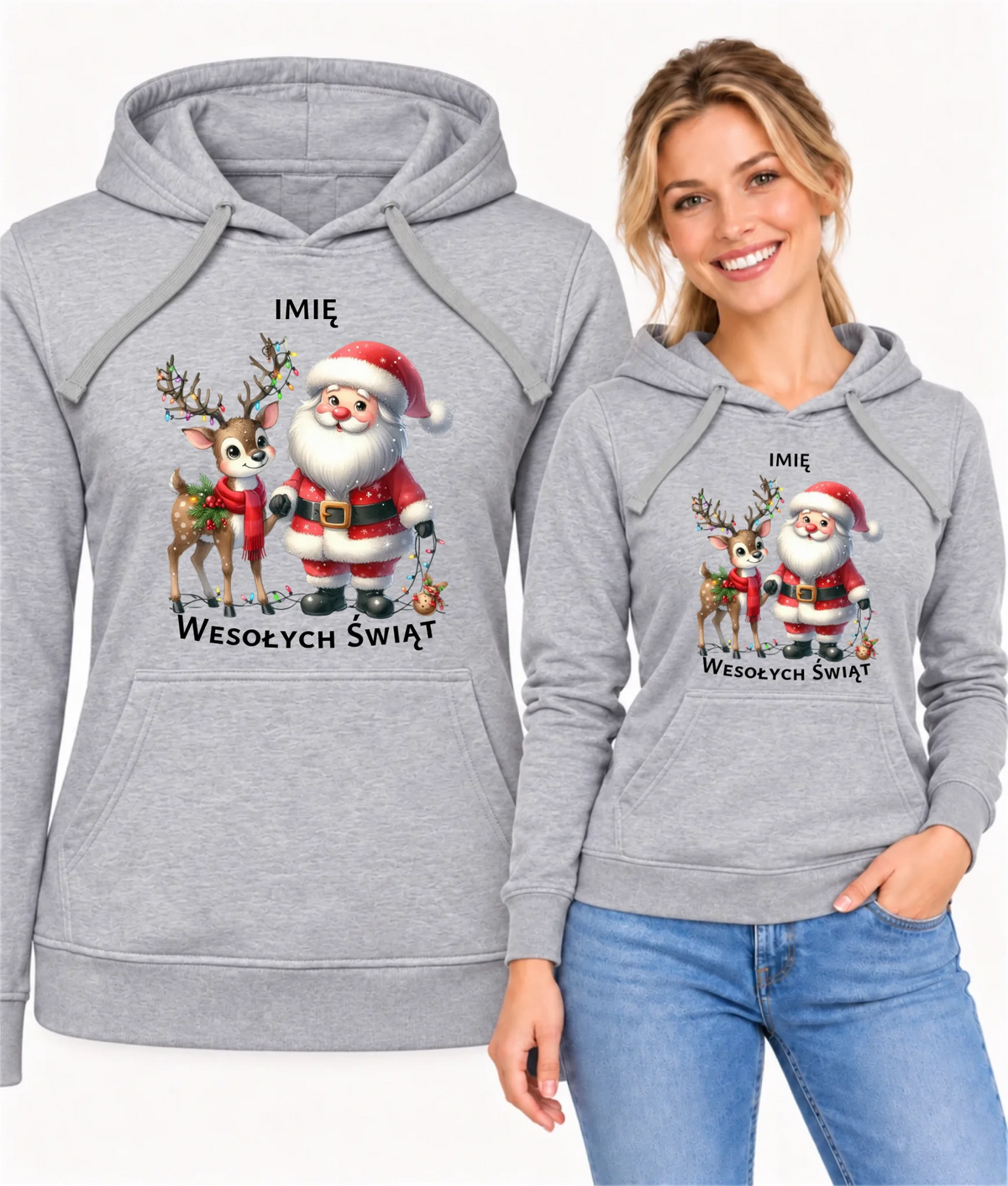 Bluza damska z kapturem świąteczna - Mikołaj z reniferem - personalizowana BN09