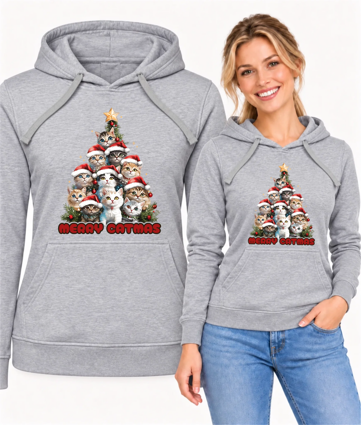 Bluza damska z kapturem świąteczna - Kocia choinka Merry Catmas BN20