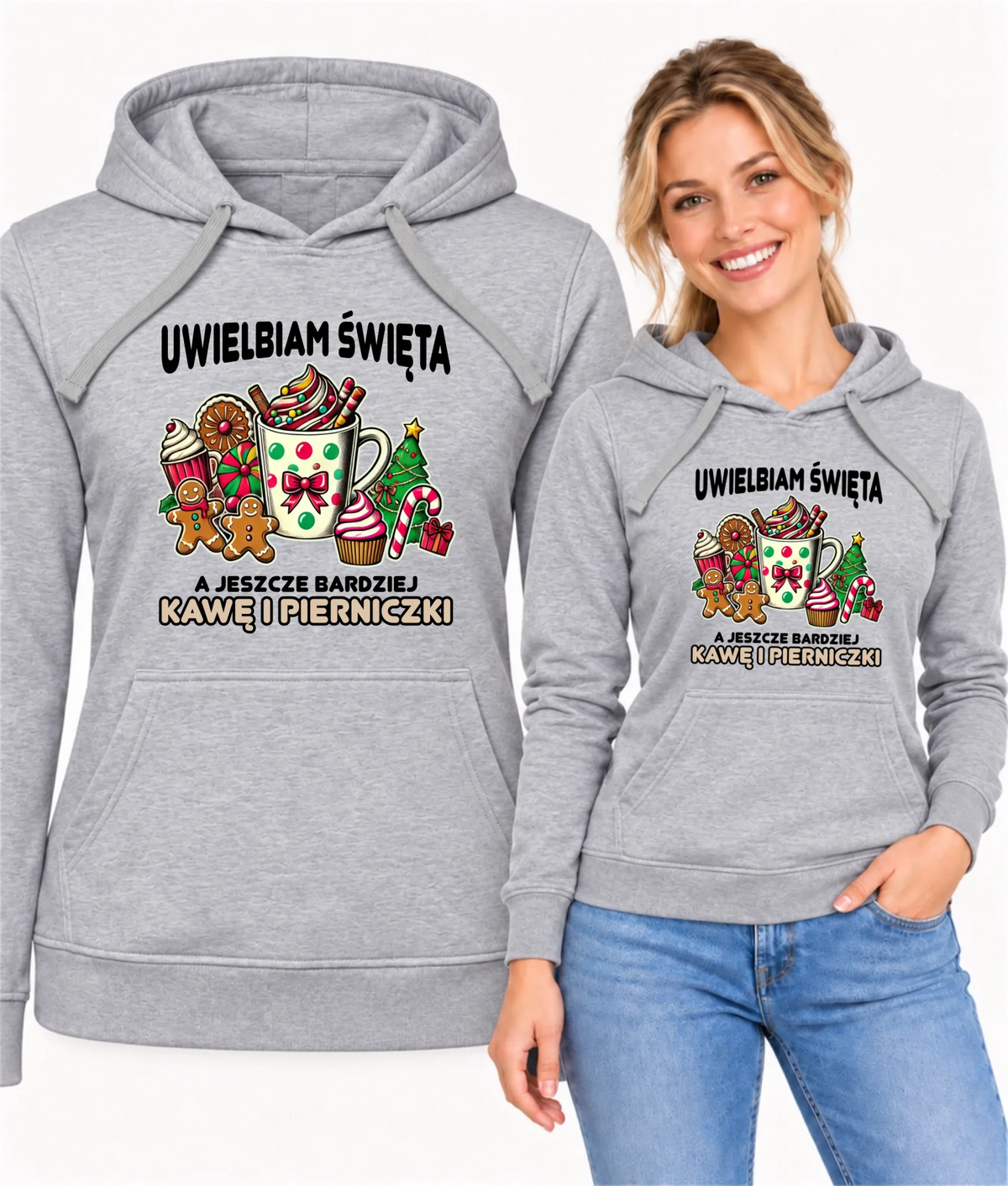 Bluza damska z kapturem świąteczna - Uwielbiam święta kawę i pierniczki BN47