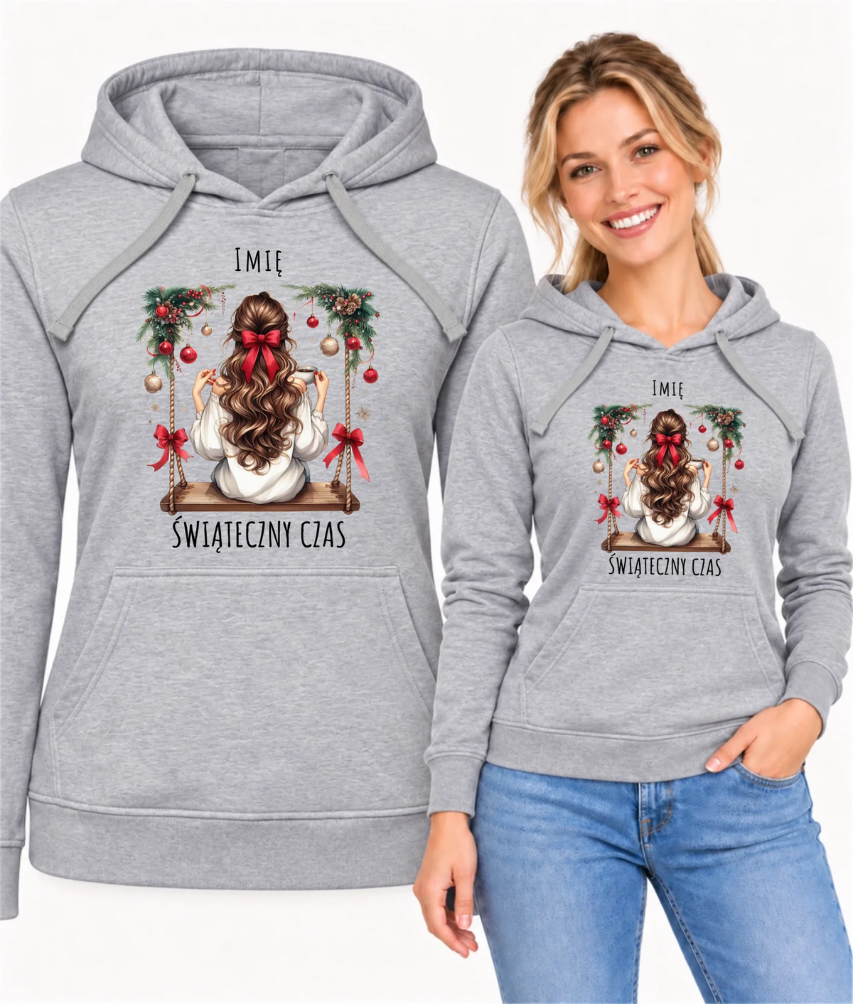 Bluza damska z kapturem świąteczna - Dziewczyna na huśtawce - Świąteczny czas - personalizowana BN105