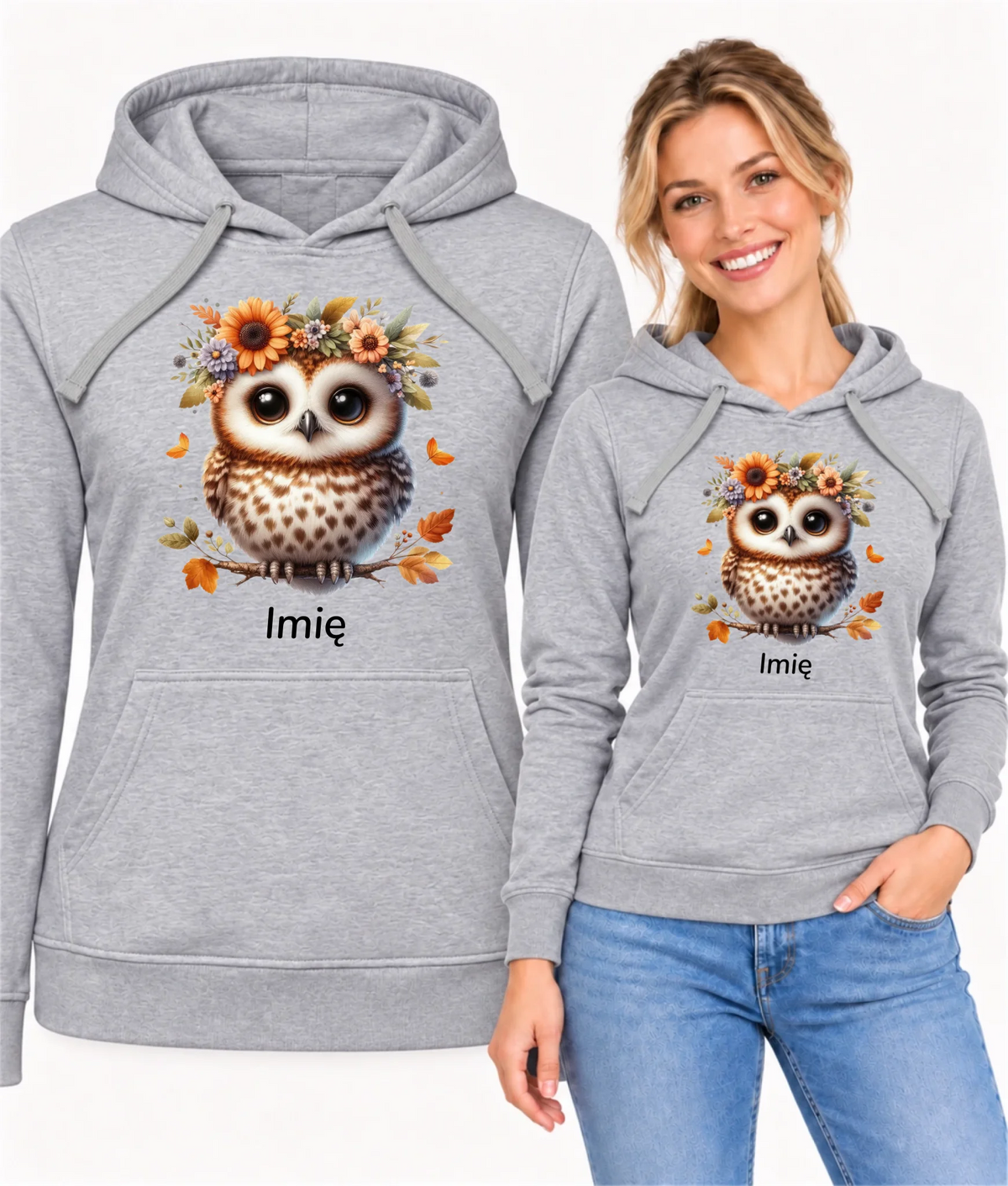 Bluza damska z kapturem jesienna - Sowa w kwiatach JS32