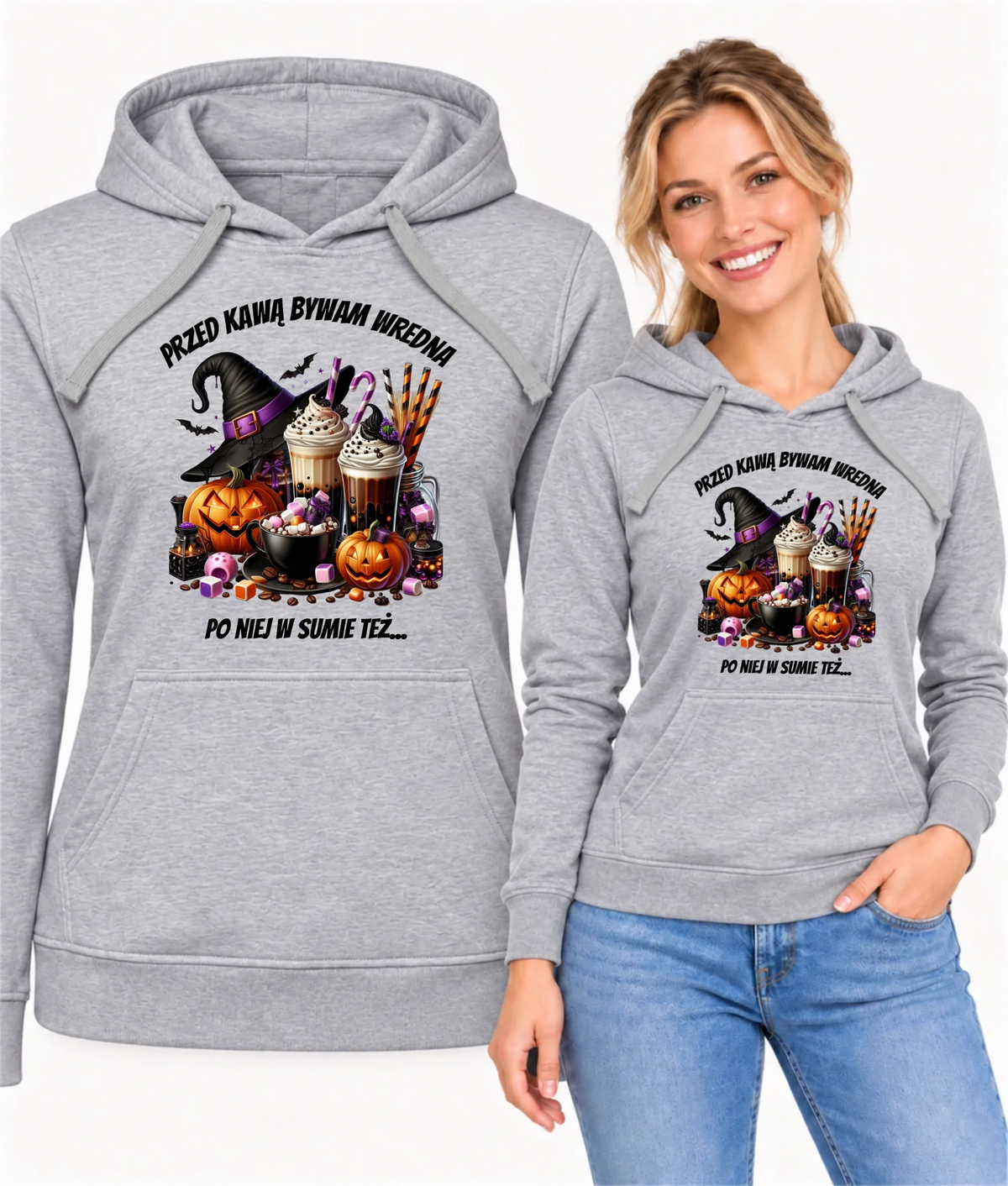 Bluza damska z kapturem Halloween – Przed kawą bywam wredna, po niej w sumie też HL30