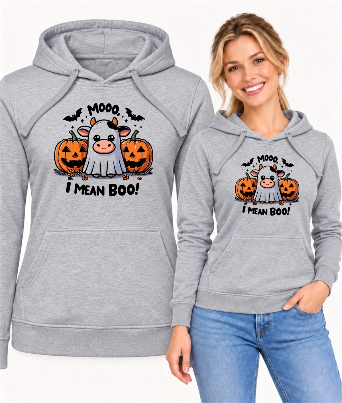 Bluza damska z kapturem na Halloween - Mooo I mean Boo! - z dynią i duchem HL14