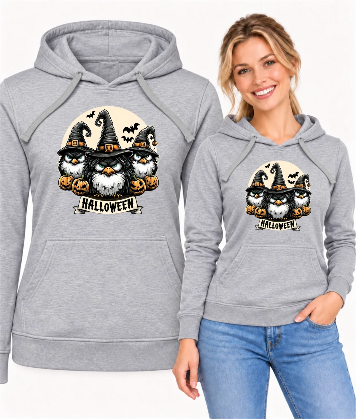 Bluza damska z kapturem na Halloween - Upiorne sowy wiedźmy HL15