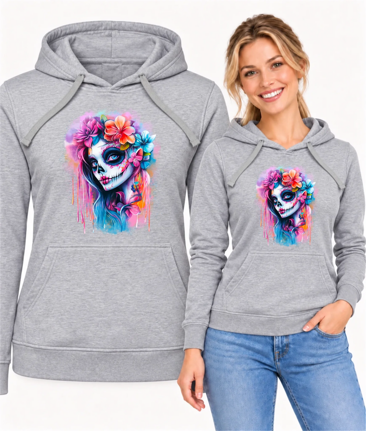 Bluza damska z kapturem Halloween - kolorowa czaszka z kwiatami La Muerte HL05