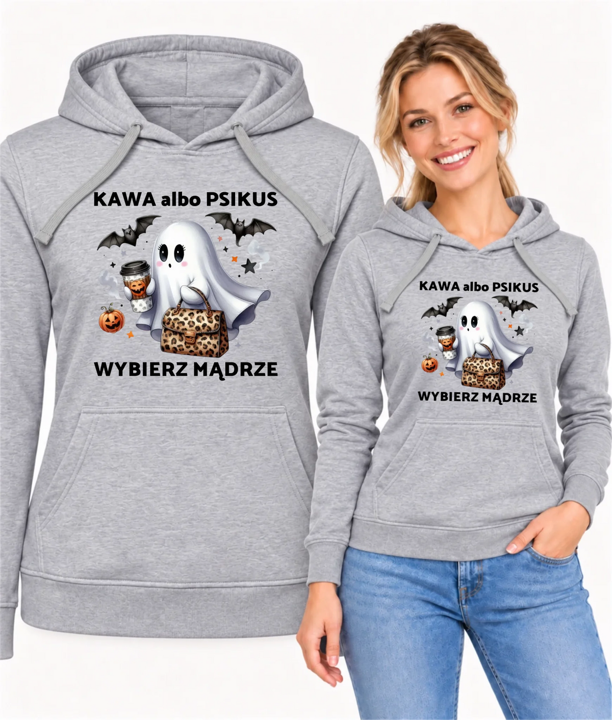 Bluza damska z kapturem halloweenowa - Duch - Kawa albo psikus HL07