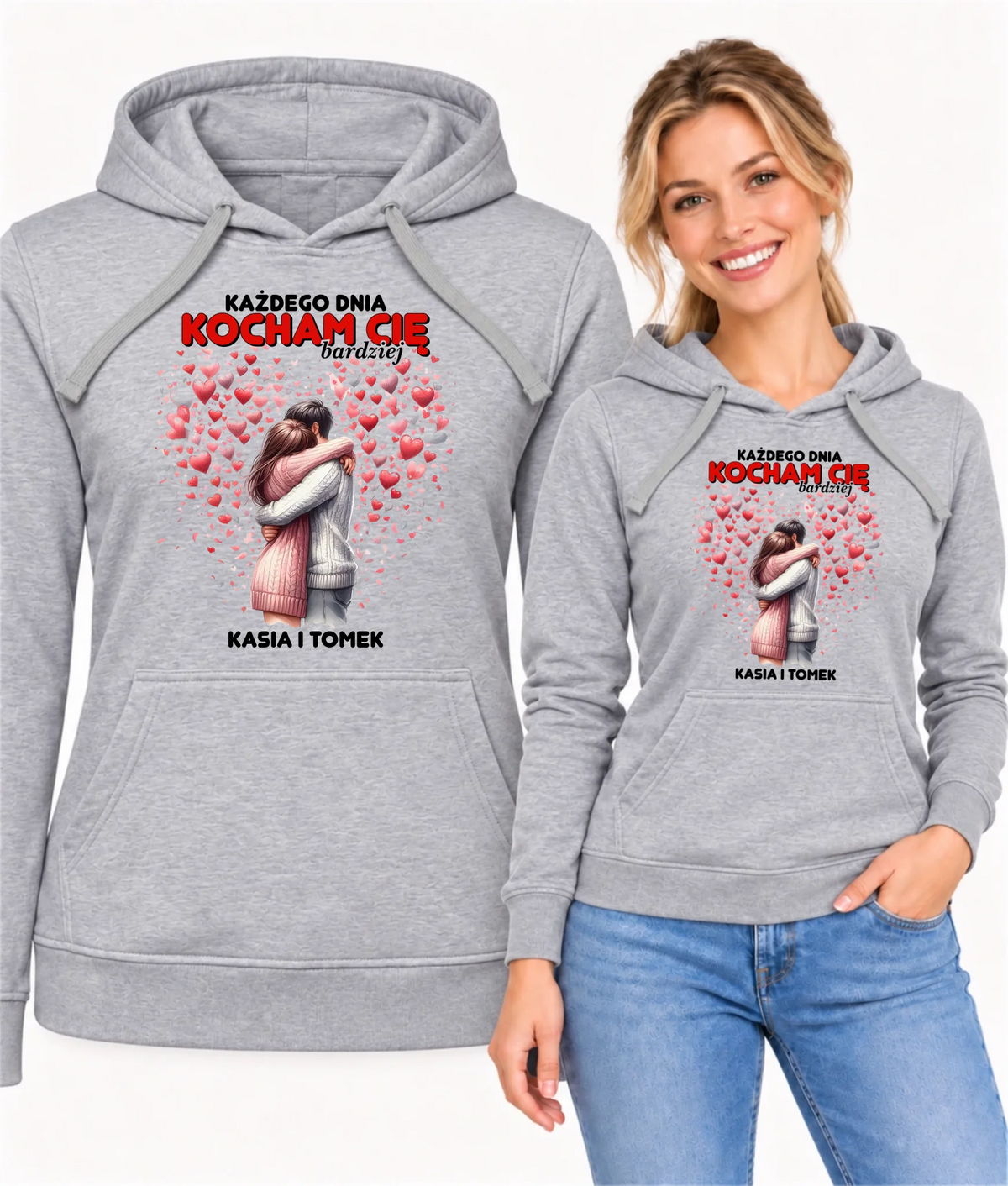 Bluza damska z kapturem dla par - Każdego dnia kocham Cię bardziej - personalizowana W09