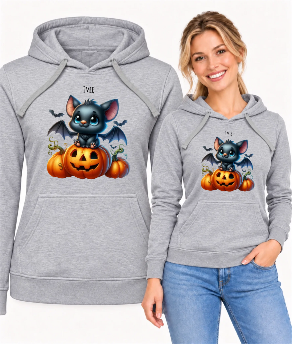 Bluza damska z kapturem halloweenowa - Słodki nietoperz z dynią - personalizowana HL09