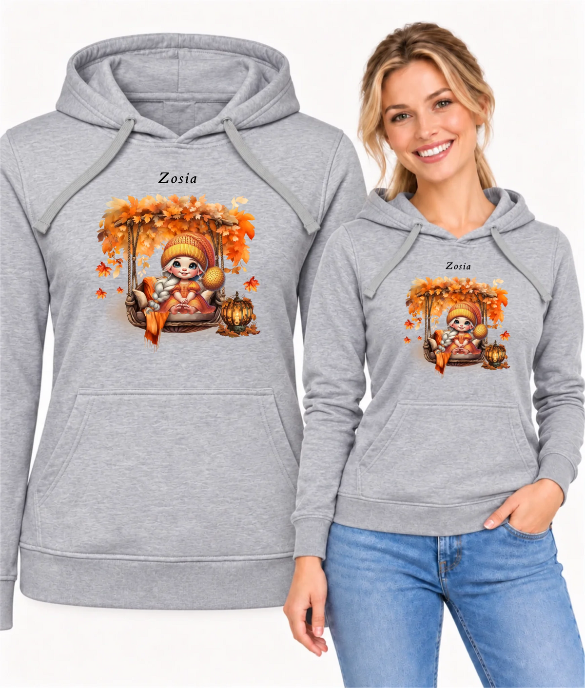 Bluza damska z kapturem jesieniara - Dziewczynka z liśćmi - personalizowana JS17