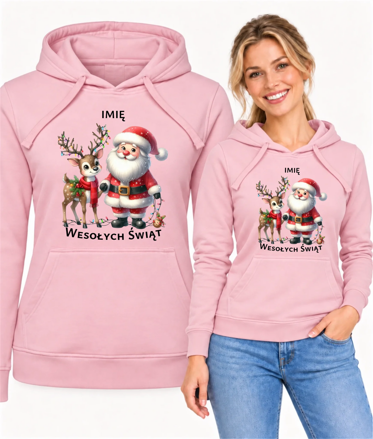 Bluza damska z kapturem świąteczna - Mikołaj z reniferem - personalizowana BN09