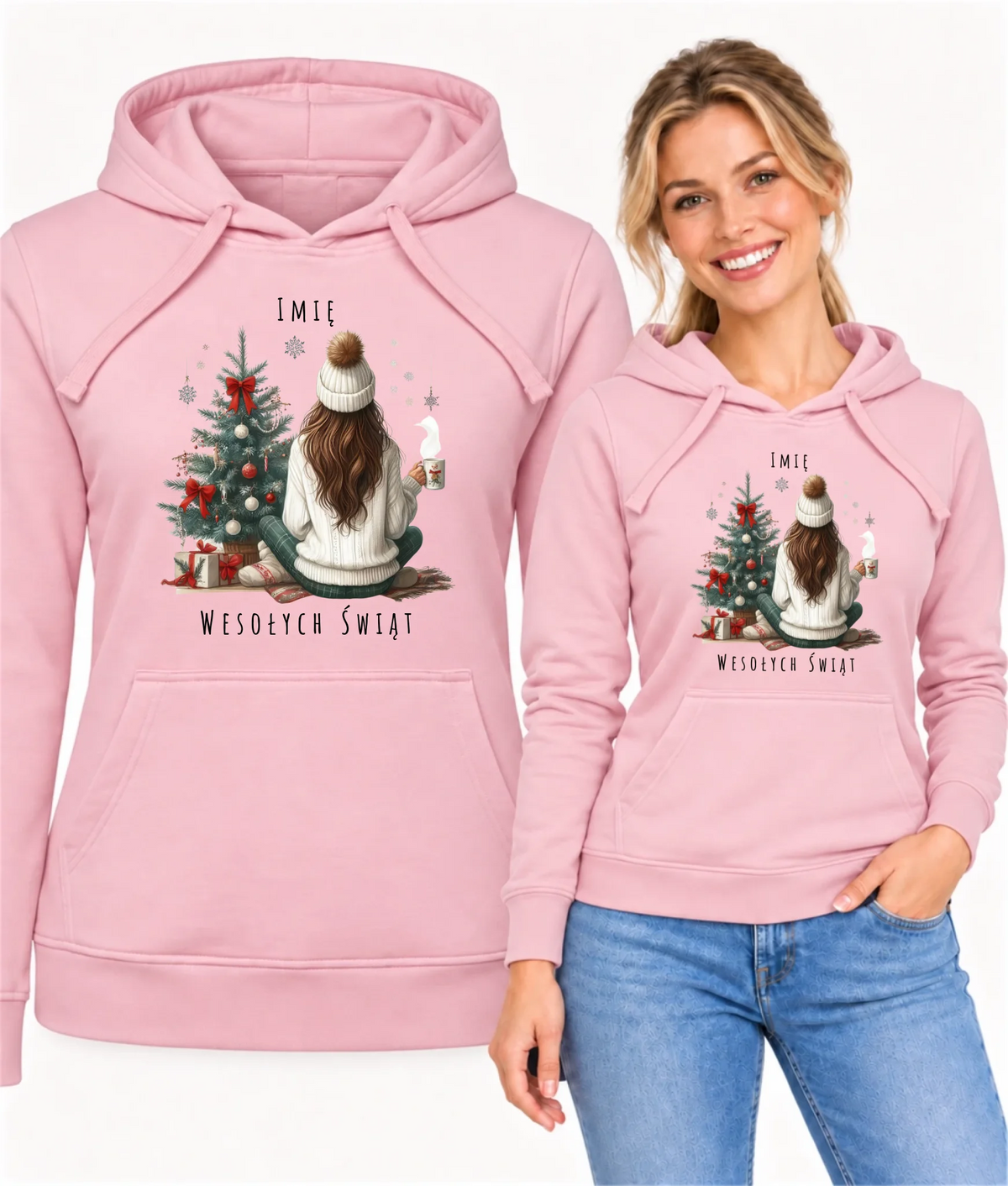Bluza damska z kapturem świąteczna - Dziewczyna przy choince - personalizowana BN15