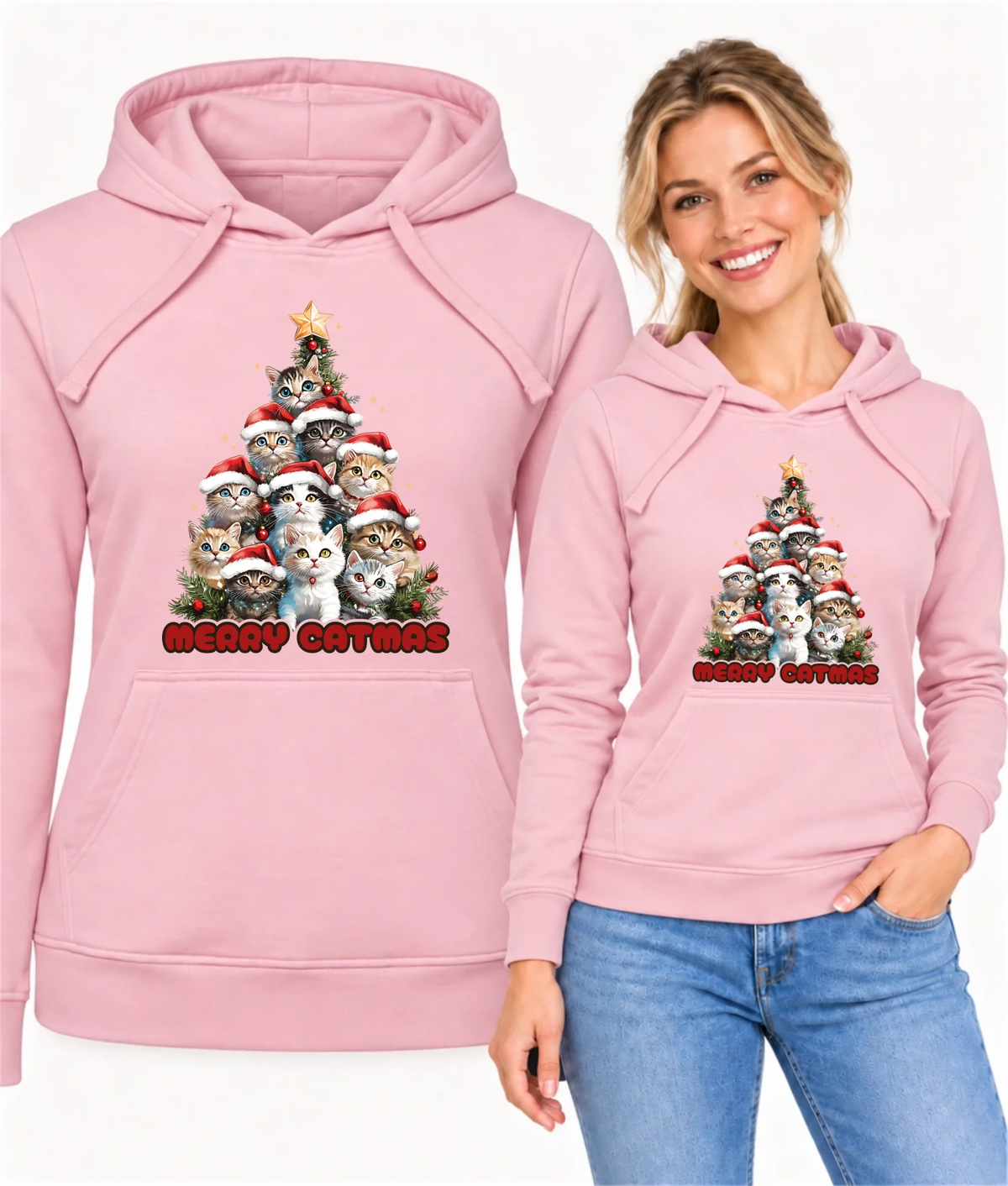 Bluza damska z kapturem świąteczna - Kocia choinka Merry Catmas BN20