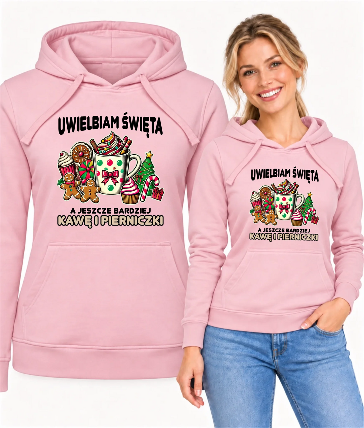 Bluza damska z kapturem świąteczna - Uwielbiam święta kawę i pierniczki BN47