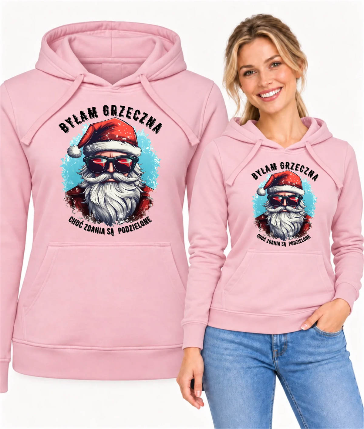 Bluza damska z kapturem świąteczna - Mikołaj - Byłam grzeczna, choć zdania są podzielone BN138