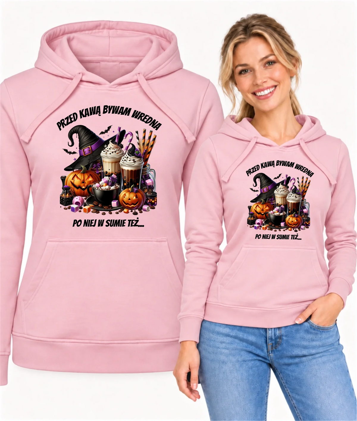 Bluza damska z kapturem Halloween – Przed kawą bywam wredna, po niej w sumie też HL30