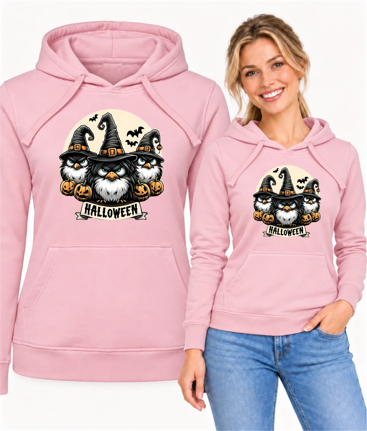 Bluza damska z kapturem na Halloween - Upiorne sowy wiedźmy HL15